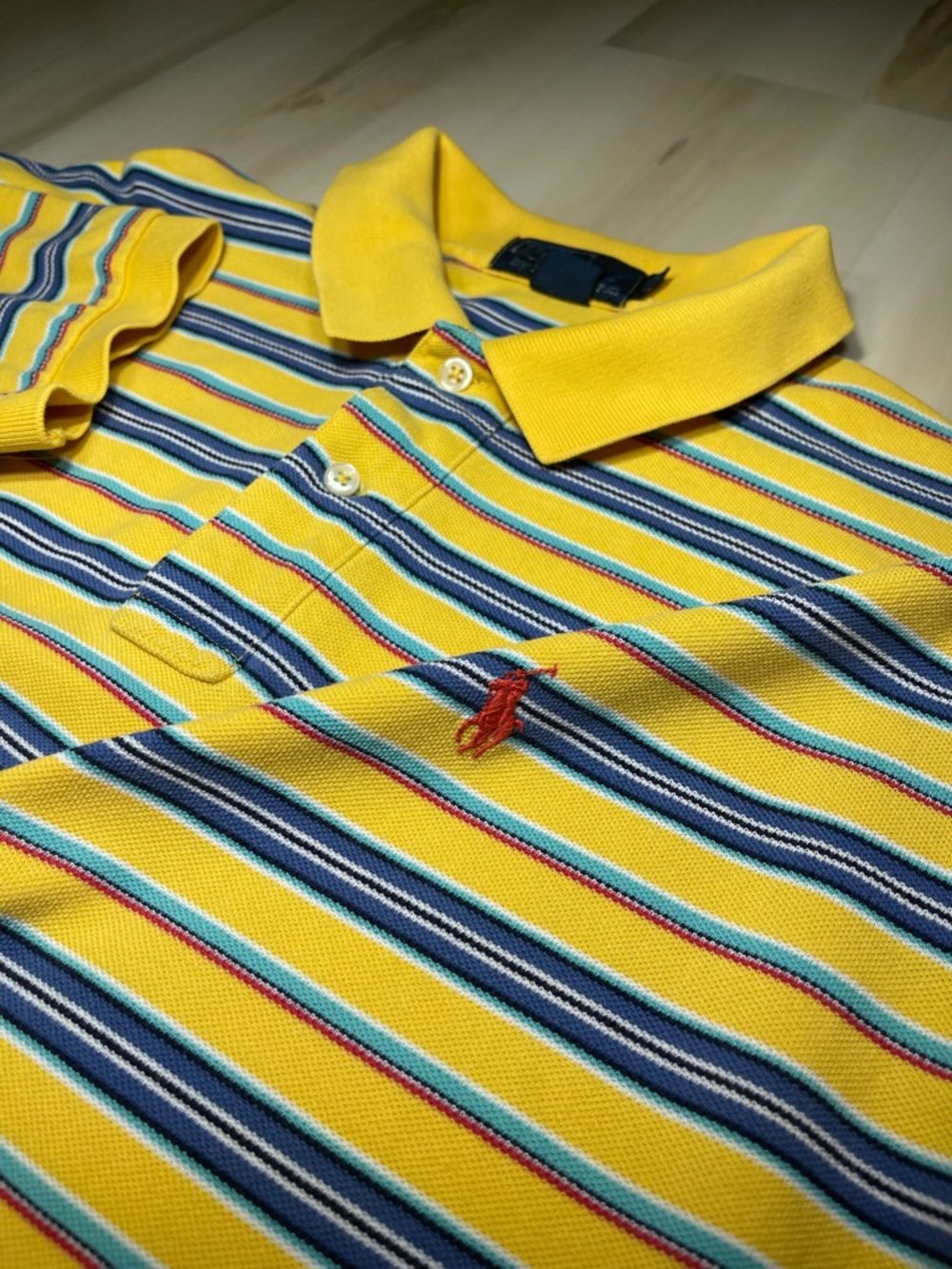 Polo Ralph Lauren Men Multi Stripe Colored Polo Sz L Shirt Yellow Teal Aqua VTG